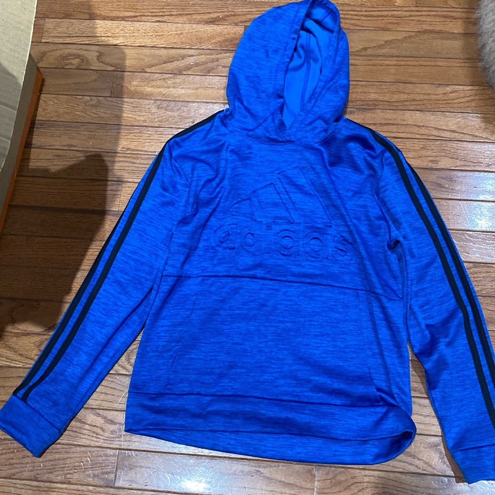 Adidas youth boys large 14 to 16 three stripe blue hoodie